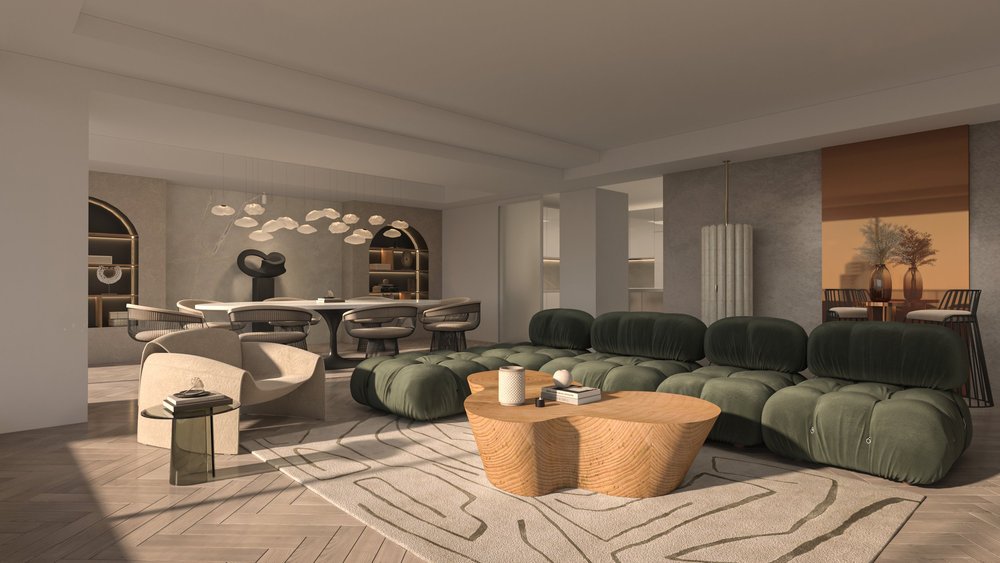 Vancouver House — Connected living and dining space with sculpted timber coffee tables