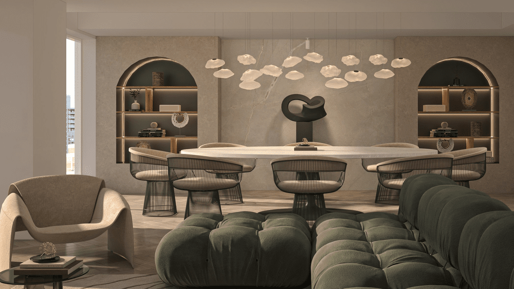Vancouver House — Dining area with arched display shelves, sculptural pendant lights and green sofa