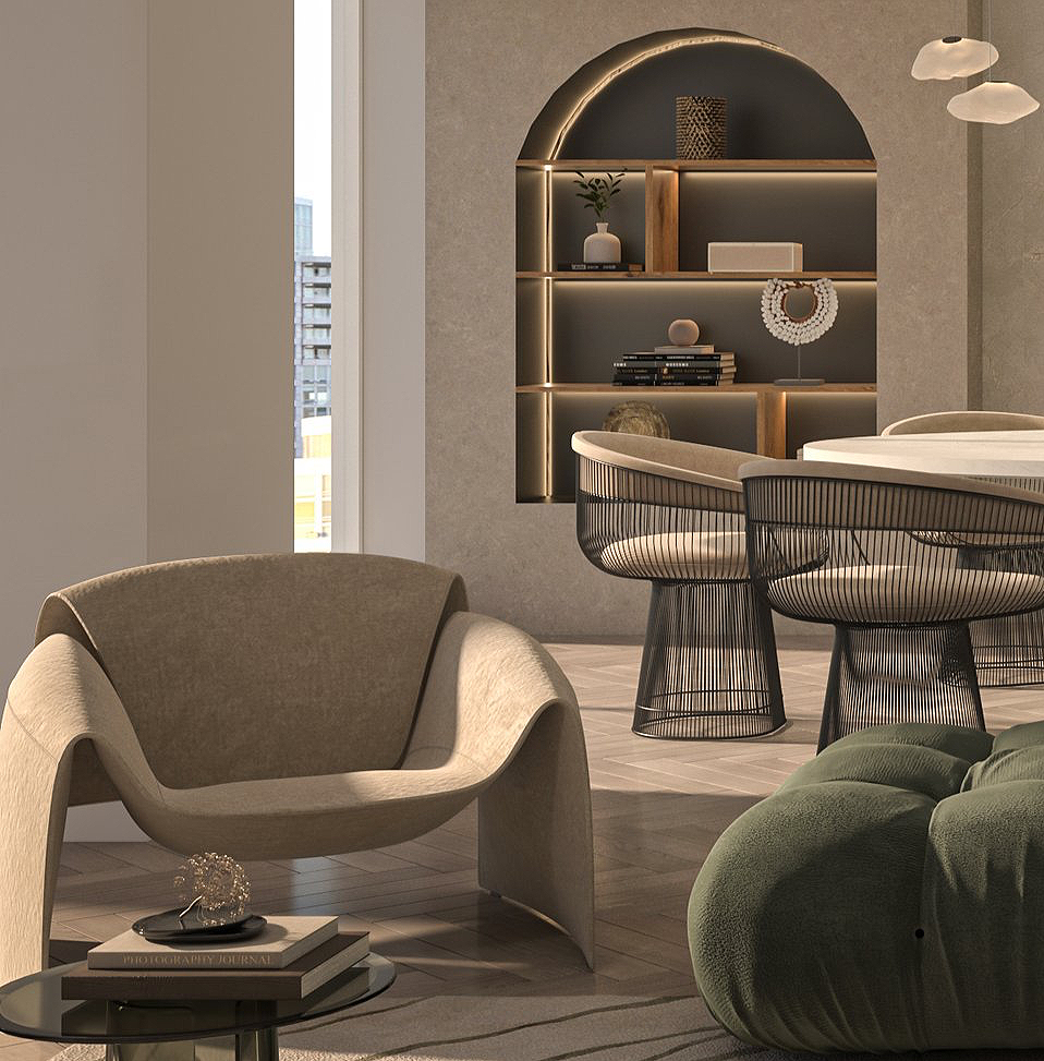 Vancouver House — Upholstered chair beside dining table and illuminated arched shelving