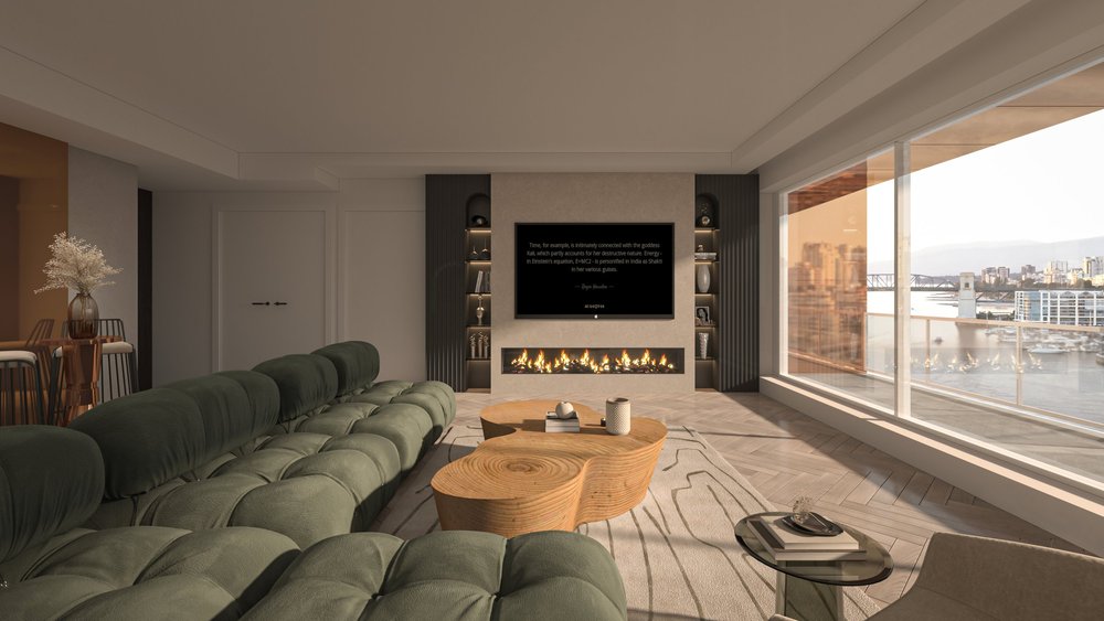Vancouver House — Green sectional sofa facing a fireplace beside panoramic city windows