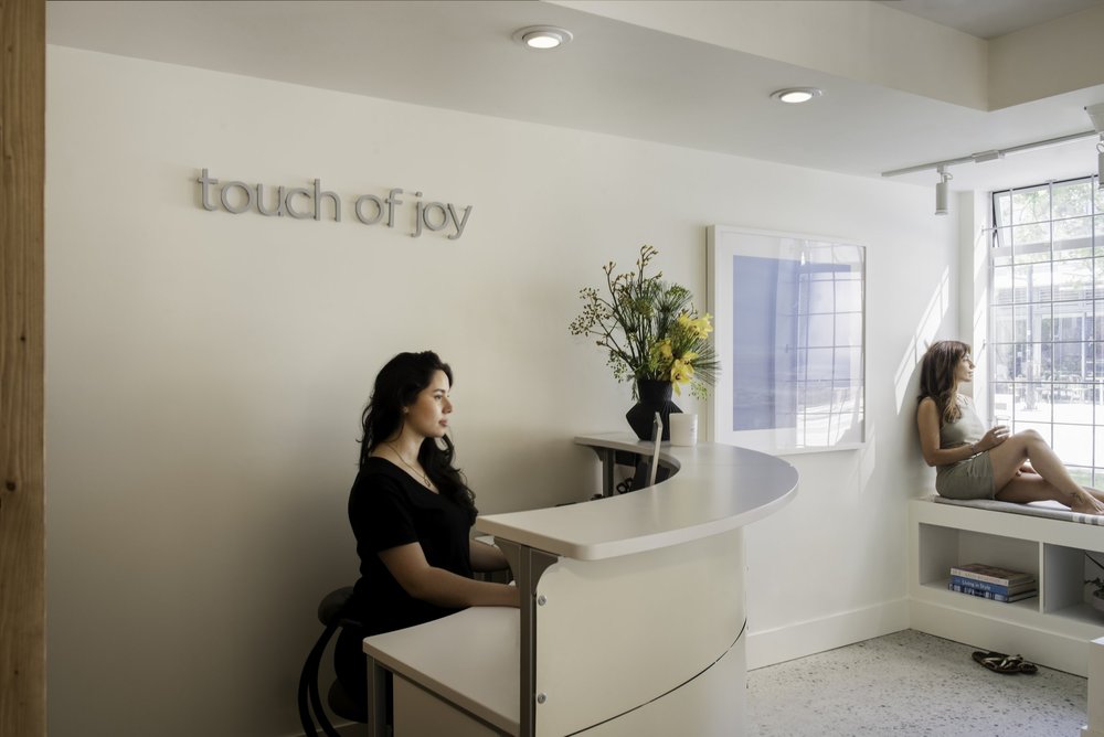 Skin Wellness Boutique — Curved reception desk with receptionist and visitor seating