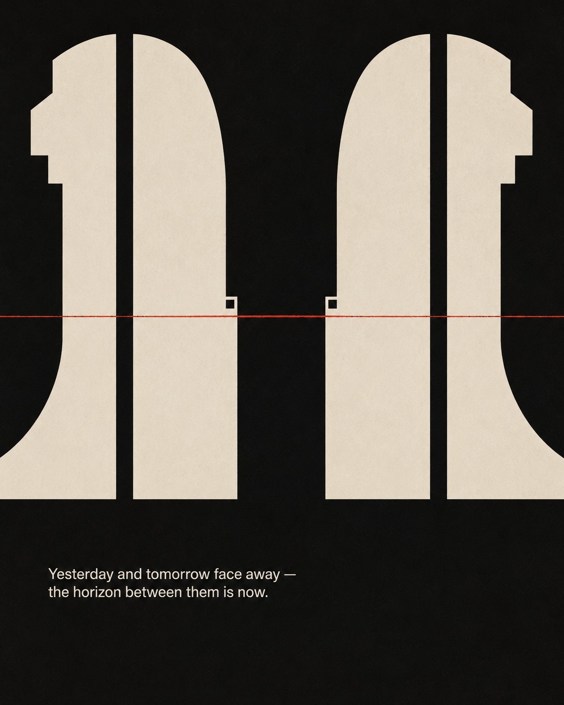 Two profiles facing away, crossed by a thin red horizon line.